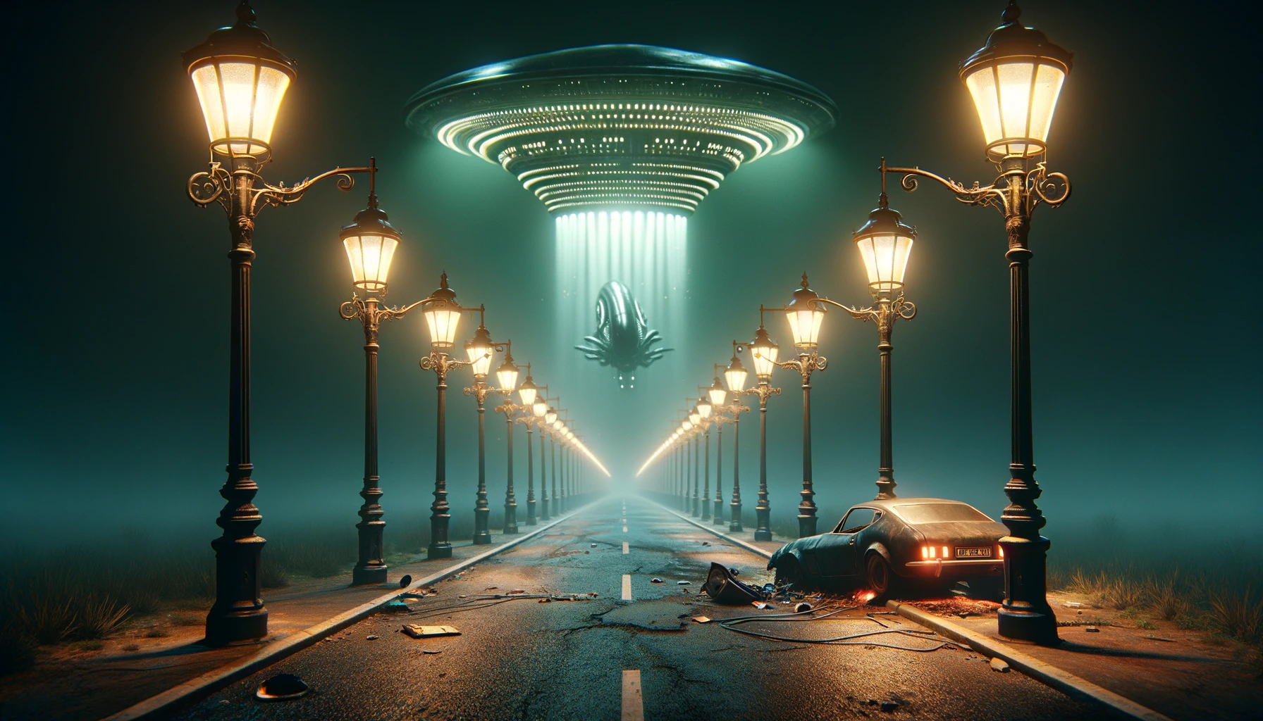 DALL·E 2024-03-12 20.31.36 - This scene is set on a deserted, old road by night, but with a slight adjustment from the previous depiction. The road is lined with vintage-style lam.webp